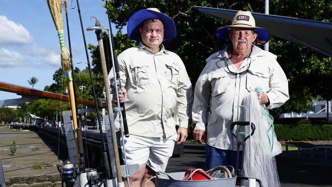 Cairns Regional Council has proposed an amendment to a by-law that bans fishing off the Cairns Esplanade. Recreational fishermen Gerry Vallianos and Colin Ford are outraged, and say fishers across Cairns will protest the laws. Picture: Brendan Radke