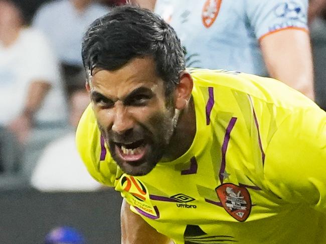 Jamie Young of the Roar reacts during the Round 13 A-League match between Western Sydney Wanderers and Brisbane Roar FC at Bankwest Stadium in Sydney, Wednesday, January 1, 2020. (AAP Image/Mark Evans) NO ARCHIVING, EDITORIAL USE ONLY