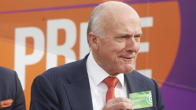 Minister Eric Abetz with his green card. He is tasked to try resolve the rift within the Liberal Party. Picture: Nikki Davis-Jones