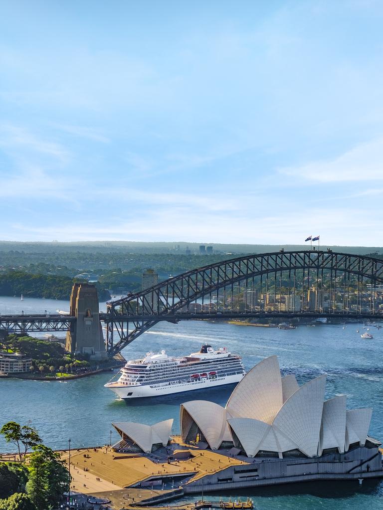 Aerial view of the Viking Sun below the Harbour Bridge and next to the Opera House, Sydney, Australia. credit: Alastair Miller escape 24 January 2021 news