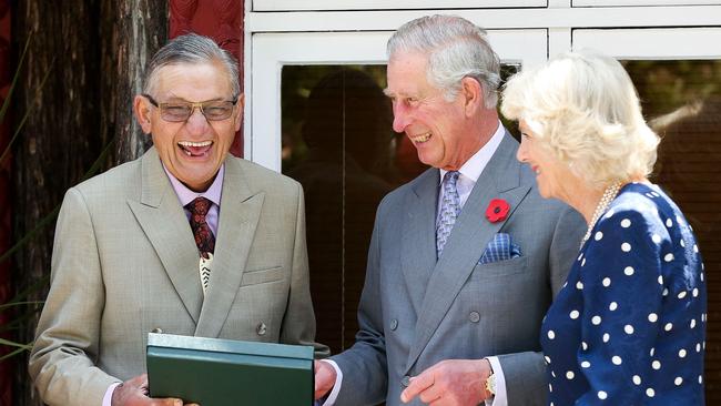 Charles and Camilla with King Tuheitia during a visit to Turangawaewae Marae in Ngaruawahia on November 8, 2015. Picture: AFP