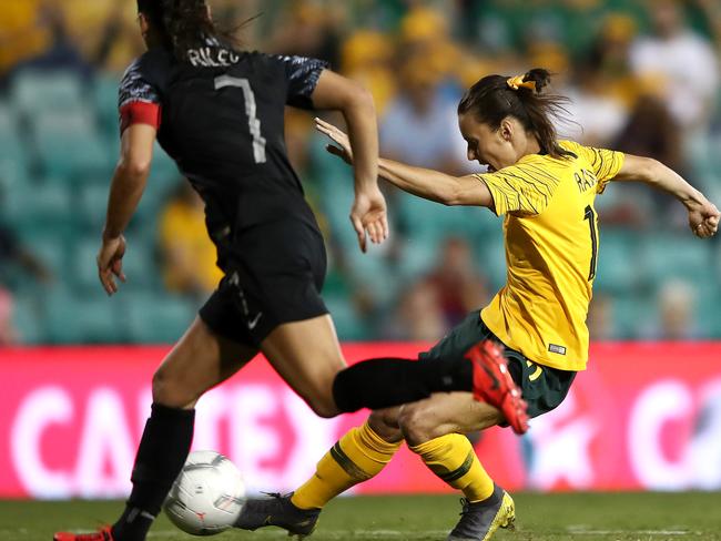 Hayley Raso shoots and scores against New Zealand. Picture: Getty Images 