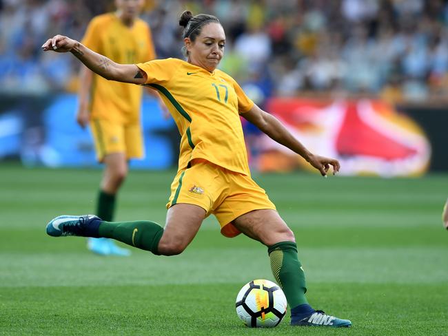 Kyah Simon scoring for the Matildas against Korea last year.