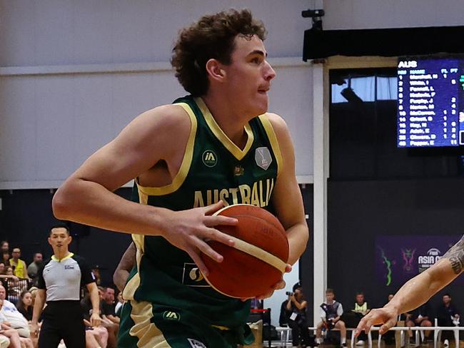 GIPPSLAND, AUSTRALIA - FEBRUARY 23: Emmett Adair of Australia in action during the FIBA Asia Cup Qualifier match between Australia Boomers and Thailand at Gippsland Regional Indoor Sports Stadium on February 23, 2025 in Gippsland, Australia. (Photo by Graham Denholm/Getty Images)