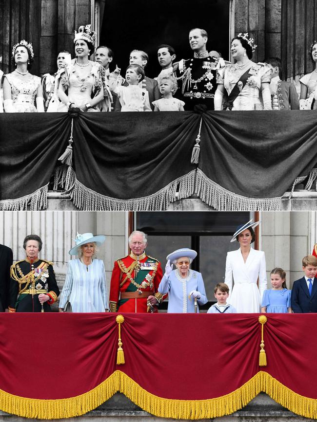 The Queen in 1953 on her Coronation day and during her platinum jubilee celebrations in 2022. Picture: AFP