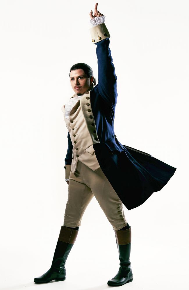 Jason Arrow gets into the role — and costume — of Alexander Hamilton. Picture: Daniel Boud