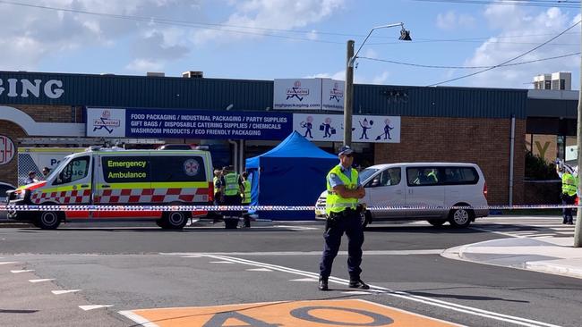 Police set up a crime scene at Adamstown after a woman and dog were killed by a school bus. Picture: Supplied