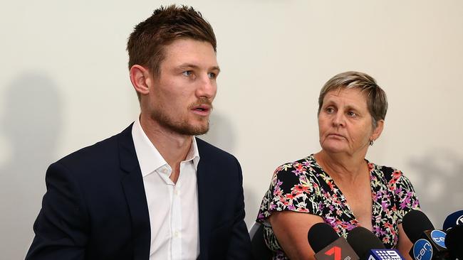 Banned Test cricketer Cameron Bancroft at his press conference in Perth on Thursday evening. Next to him is Western Australian Cricket Association CEO Christina Matthews.