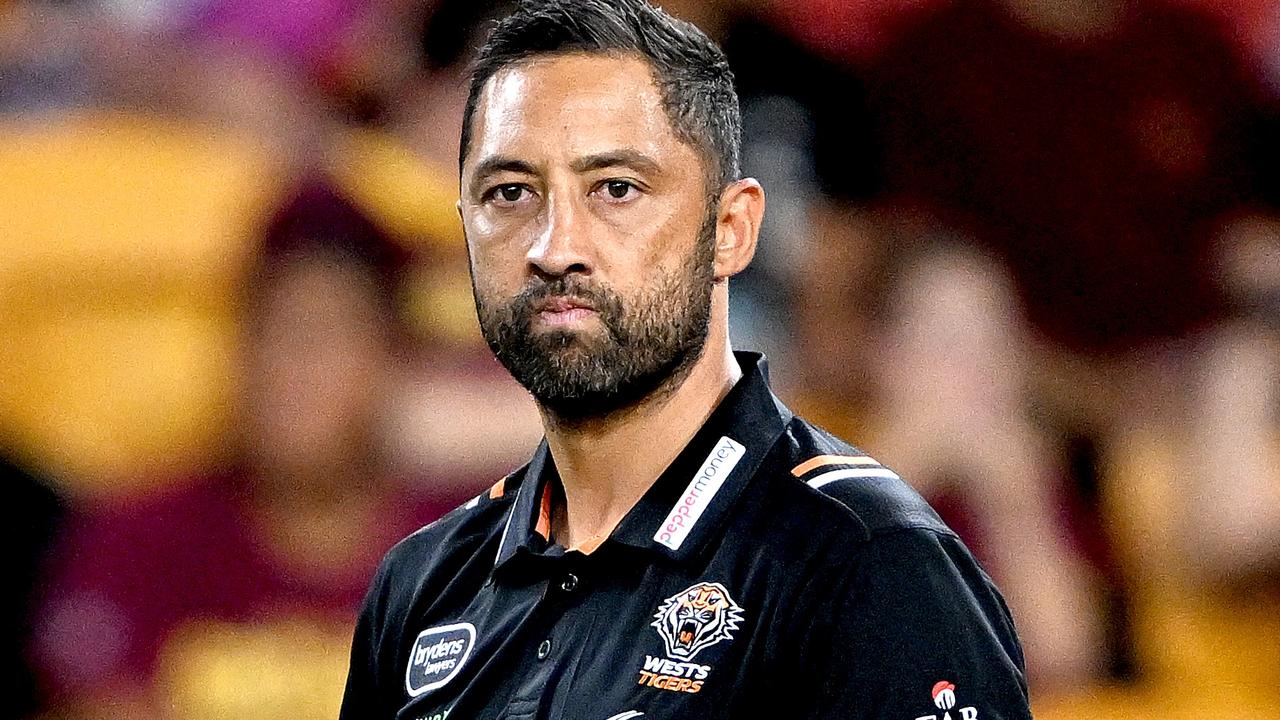 Assistant Coach Benji Marshall of the Tigers watches on during the warm up before the round five NRL match between Brisbane Broncos and Wests Tigers at Suncorp Stadium on April 01, 2023 in Brisbane, Australia. (Photo by Bradley Kanaris/Getty Images)