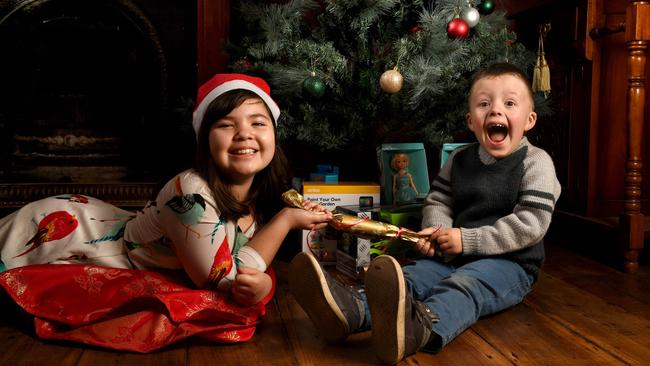 Nadia, 10, and Maxwell, 4, are excited to meet Santa for Christmas in July at Mount Torrens Hotel. Picture: Tricia Watkinson