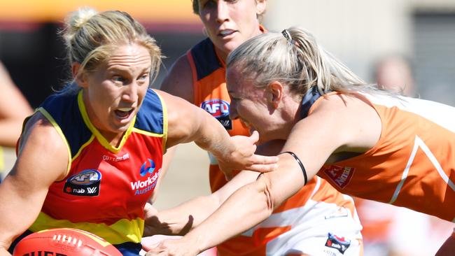 Marijana Rajcic in action against GWS. Had the Crows won the game, they would be playing finals. Picture: AAP Image/David Mariuz