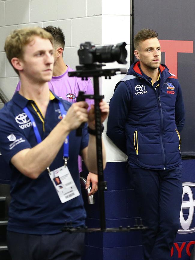 Smith in the rooms after the win against Carlton. Picture: Sarah Reed