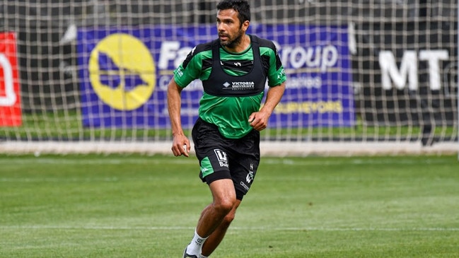 Nikolai Topor-Stanley works hard at a Western United training session. Picture: WUFC