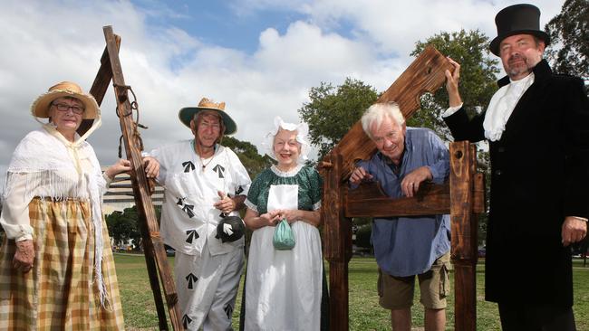 Members of the Liverpool Men's Shed and members of the Liverpool Historical Society Pam Valentine, John Jewell, Germaine Bishop, Ralph Gardner and Glen op den Brouw. Picture: Robert Pozo