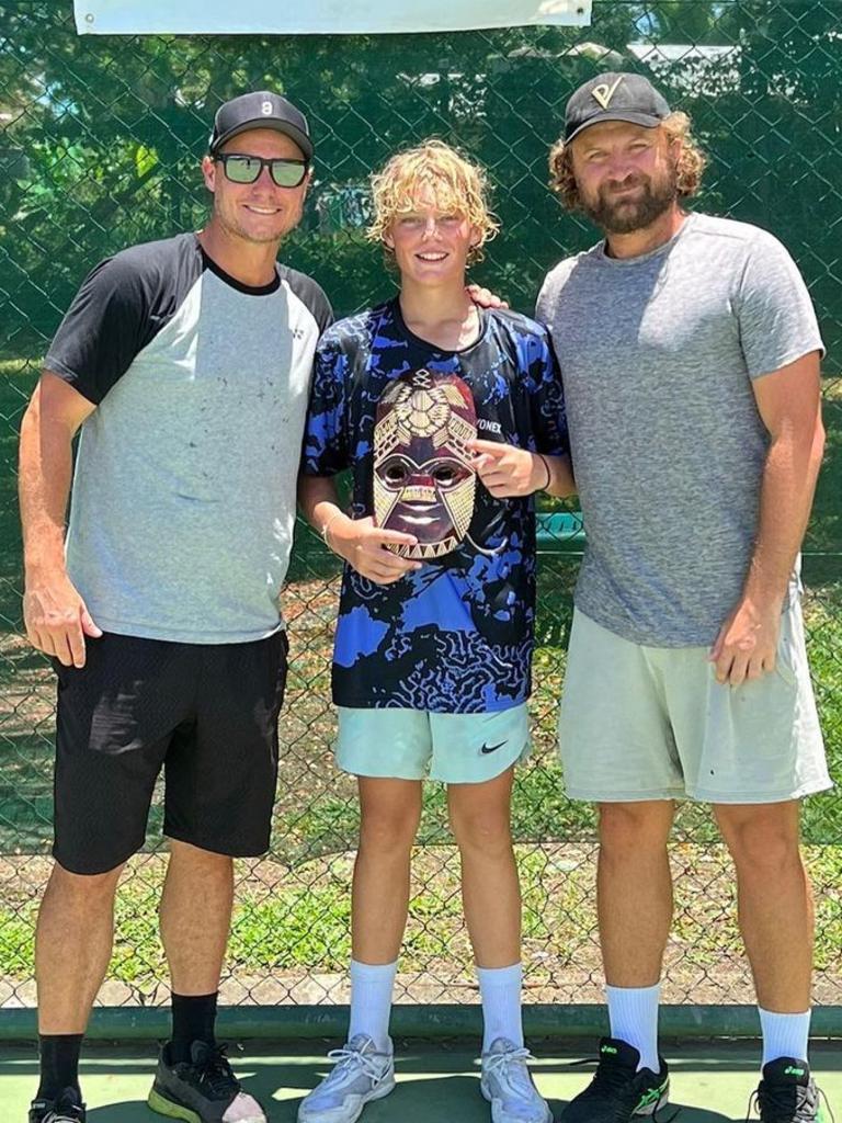 With his dad Lleyton Hewitt (left) and fellow tennis player Matt Reid (right). Picture: