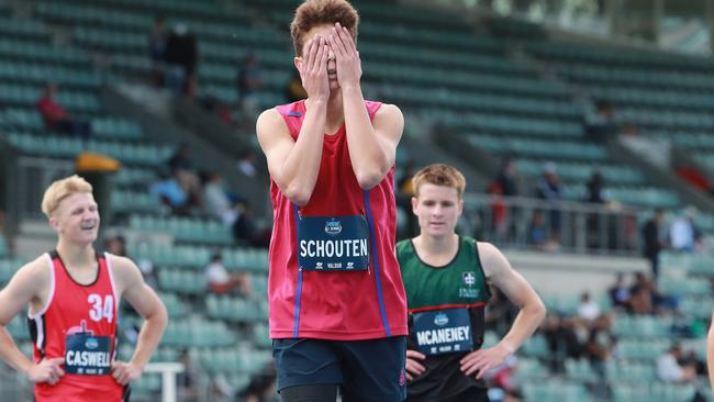 Leon Schouten of St Joseph's College reacts after winning the 14 years boys 400m.