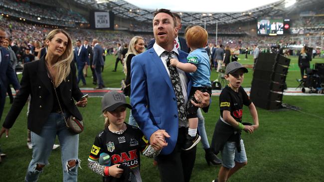 James Maloney, accompanied by his family, says farewell to rugby league fans ahead of the grand final. Picture: Phil Hillyard