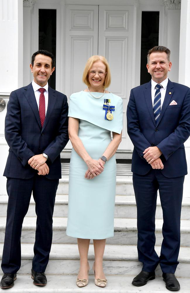 Premier David Crisafulli (left) with deputy Jarrod Bleijie and Governor Jeannette Young. Picture: John Gass/NCA NewsWire