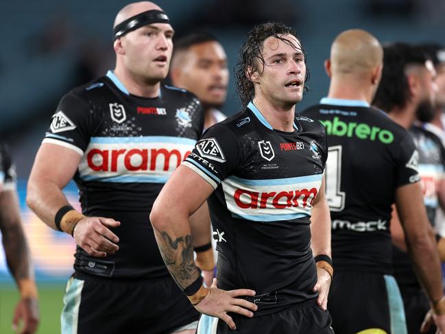 SYDNEY, AUSTRALIA - JUNE 28:  Nicho Hynes of the Sharks reactsduring the round 17 NRL match between Canterbury Bulldogs and Cronulla Sharks at Accor Stadium on June 28, 2024, in Sydney, Australia. (Photo by Cameron Spencer/Getty Images)