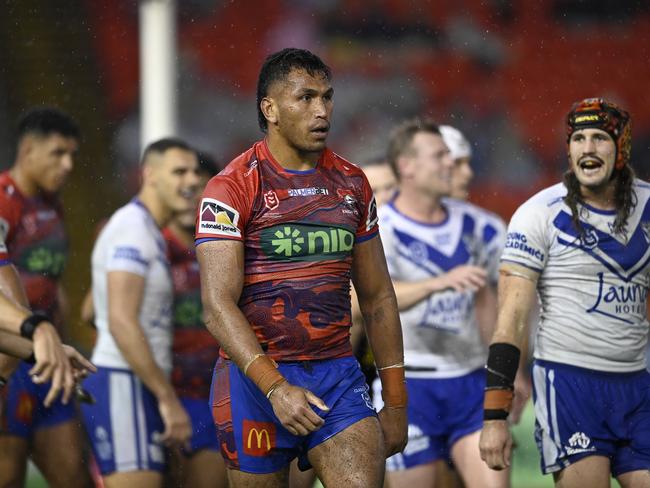 Knights star Jacob Saifiti was sin binned for a headbutt on Reed Mahoney. Picture: NRL Imagery