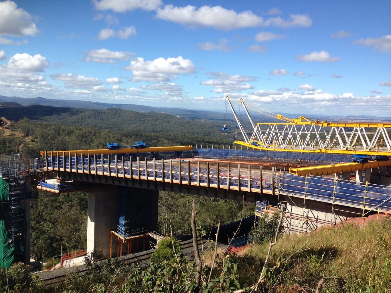 The installation of the first span of Super T girders on the viaduct of the Toowoomba Second Range Crossing in July 2017. Picture: Contributed