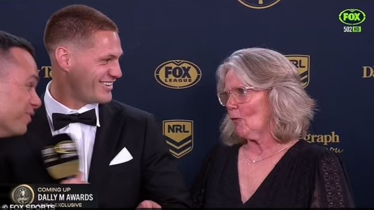 2023 Dally M Kalyn Ponga with his mother, Adine, who wasn’t sure her son would win the top gong. Picture: FOX Sports