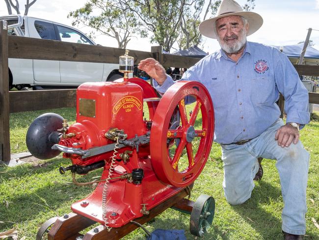 Tom Harrington with his 1915 Root and VanDervoort stationary engine at the Toowoomba Royal Show. Saturday, March 26, 2022. Picture: Nev Madsen.