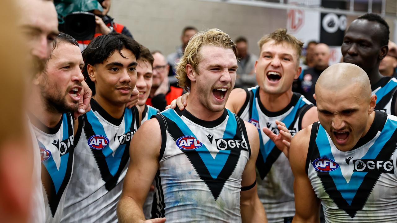 Jason Horne-Francis is all smiles with teammates. Picture: Dylan Burns