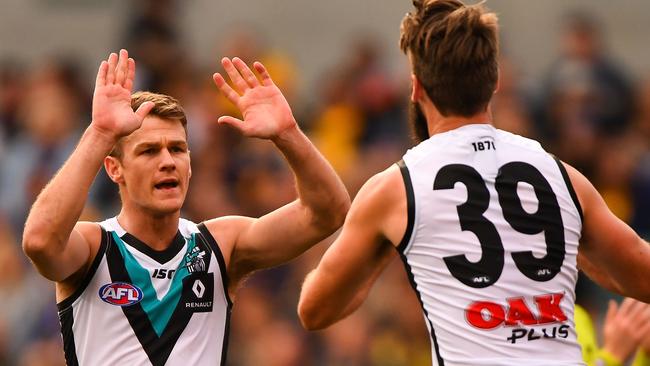 Robbie Gray of the Power celebrates a goal against West Coast. Picture: Daniel Carson (AFL Media/Getty Images)