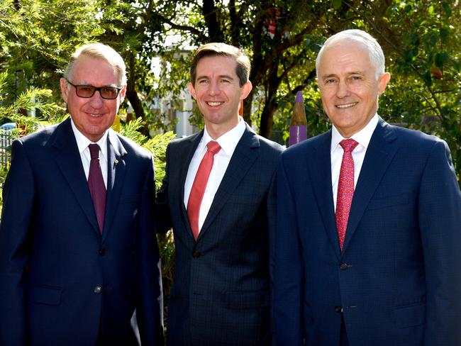 Businessman David Gonski, Minister for Education Simon Birmingham and Prime Minister Malcolm Turnbull at Ermington West Public School in Sydney on Monday. Picture: Mick Tsikas