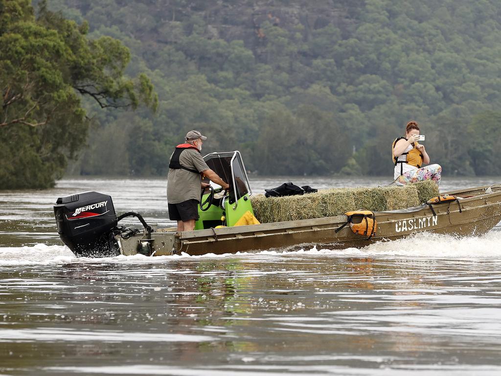 People pick up hay bails from the SES on the Hawkesbury River. Picture: Tim Hunter.