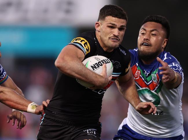 PENRITH, AUSTRALIA - SEPTEMBER 09:  Nathan Cleary of the Panthers is tackled during the NRL Qualifying Final match between Penrith Panthers and New Zealand Warriors at BlueBet Stadium on September 09, 2023 in Penrith, Australia. (Photo by Matt King/Getty Images)