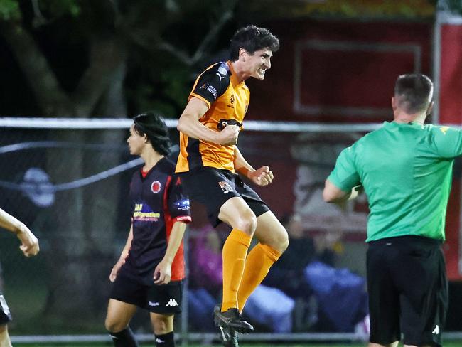 Mareeba's Alex Plowman celebrates scoring a goal in the Football Queensland Premier League Far North (FQPL 3) men's preliminary final match between the Leichhardt Lions and the Mareeba Bulls, held at Endeavour Park, Manunda. Picture: Brendan Radke