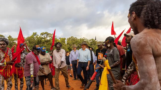 Prime Minister of Australia Anthony Albanese walks with Yolngu community during Garma Festival 2022 at Gulkula. Picture: Tamati Smith/Getty Images