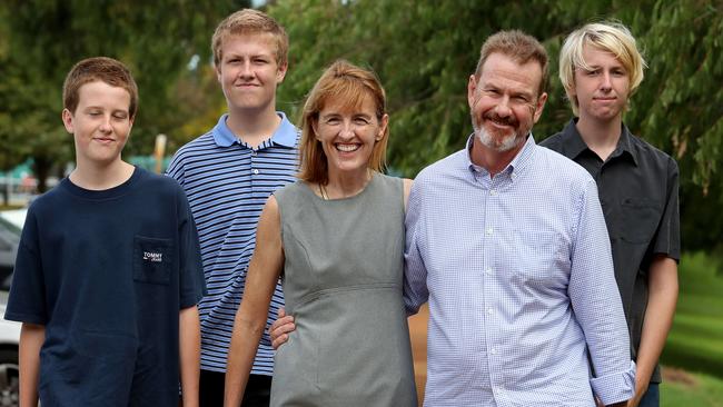 Celia Hammond — who won Liberal preselection in Curtin — with her husband Simon and sons. Picture: Colin Murty