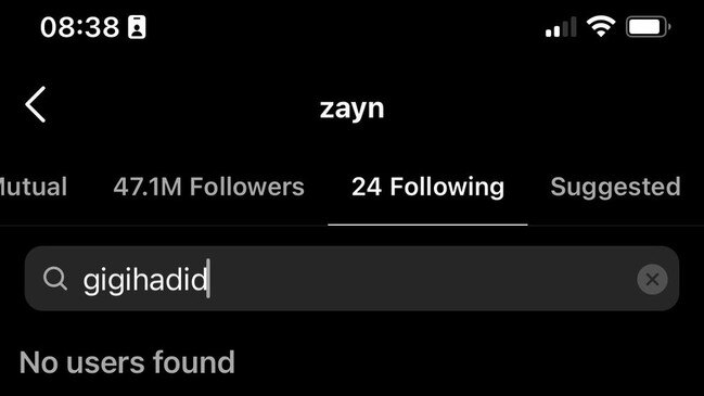 Zayn Malik no longer following Gigi Hadid. Picture: Instagram