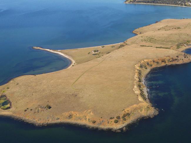 Golf course, recreation and accommodation development proposed for the South Arm peninsula by Tasmanian entrepreneur Greg Ramsay, an aerial view of Arm End headland reserve area