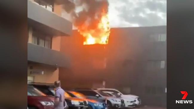 The fire at the Comfort Adelaide Meridien Hotel on Melbourne St around 6.30am on Sunday. Picture: Seven News