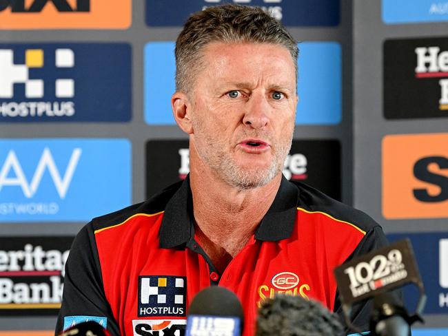 GOLD COAST, AUSTRALIA - AUGUST 21: Damien Hardwick speaks at a Gold Coast Suns AFL press conference announcing his signing as the new coach at Heritage Stadium on August 21, 2023 in Gold Coast, Australia. (Photo by Bradley Kanaris/Getty Images)