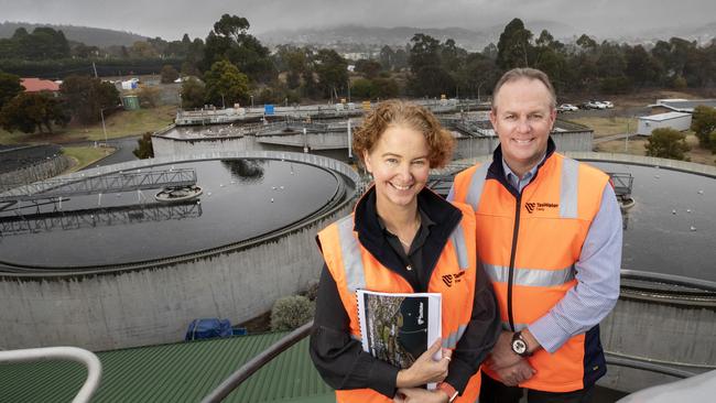 Self's Point Wastewater Treatment Plant, TasWater head of water and environment services Fran Smith and general manager project delivery Tony Willmott. Picture: Chris Kidd