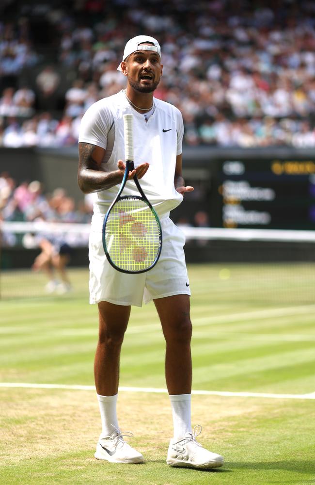 Nick Kyrgios gives his team another serve in the Wimbledon final. (Photo by Julian Finney/Getty Images)