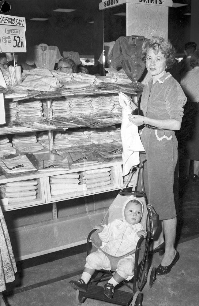 Shoppers at the opening day of the Allan and Stark Ltd drive-in shopping centre at Chermside in 1957. Picture: Bob Millar/The Courier-Mail Photo Archive