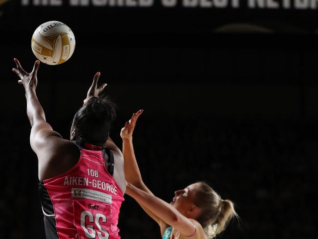 Adelaide Thunderbirds player Romelda Aiken-George from this year's grand final with "The world's best netballers, the world's best netball league" on the wall in the background., , Image: Gettyimages, , ID: 2165096874