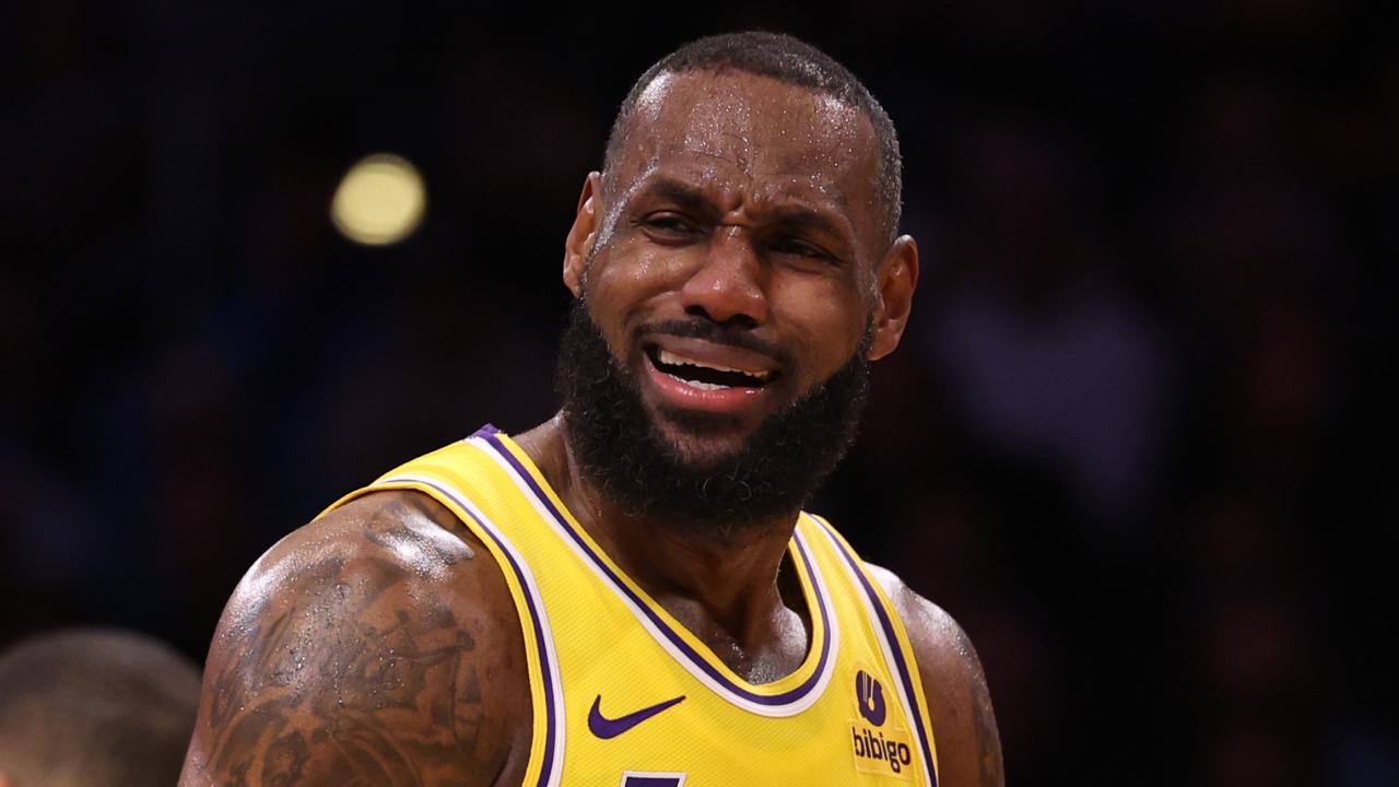 LOS ANGELES, CALIFORNIA - JANUARY 03: LeBron James #23 of the Los Angeles Lakers reacts to his foul during the first half against the Miami Heat at Crypto.com Arena on January 03, 2024 in Los Angeles, California. (Photo by Harry How/Getty Images)