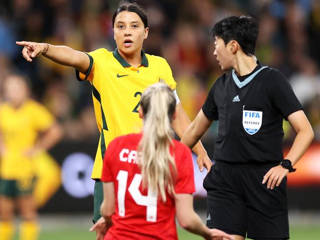 Sam Kerr of the Matildas shows her frustration to Gabrielle Carle of Canada during the International Friendly Match at Allianz Stadium. Picture: Mark Kolbe/Getty Images