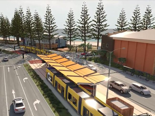 An artist’s impression of Gold Coast light rail stage 3A at Burleigh Heads