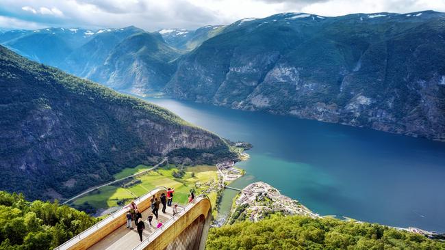 Stegastein viewing point looks out over Aurlandsfjord in Norway.