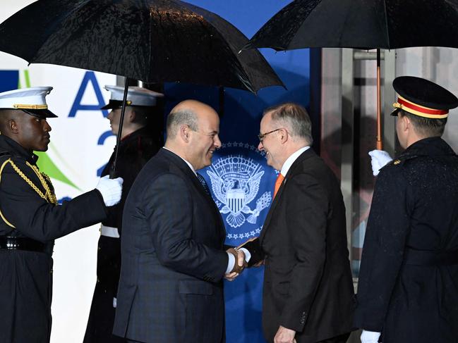 US Acting Chief of Protocol Ethan Rosenzweig greets Australian Prime Minister Anthony Albanese as he arrives at a reception for leaders attending APEC. Picture: AFP