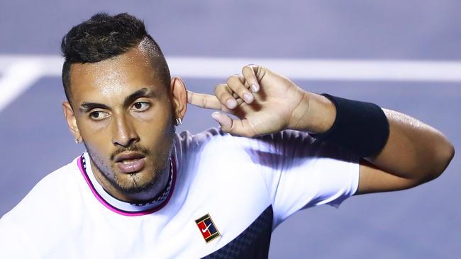 Nick Kyrgios reacts to beating Rafael Nadal at the Mexican Open. Picture: Getty