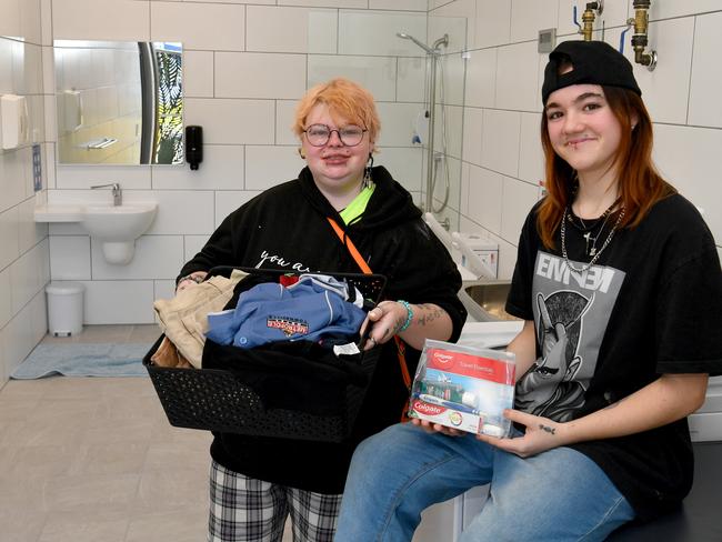 Spencer and Nova Raisherook at Sharehouse's new shower and laundry facilities. Picture: Evan Morgan